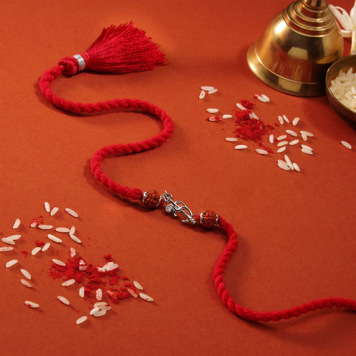 Om Trishul Rhodium Plated Rudraksha Beads Silver Rakhi