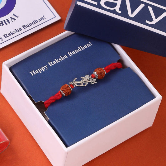 Om Trishul Rhodium Plated Rudraksha Beads Silver Rakhi