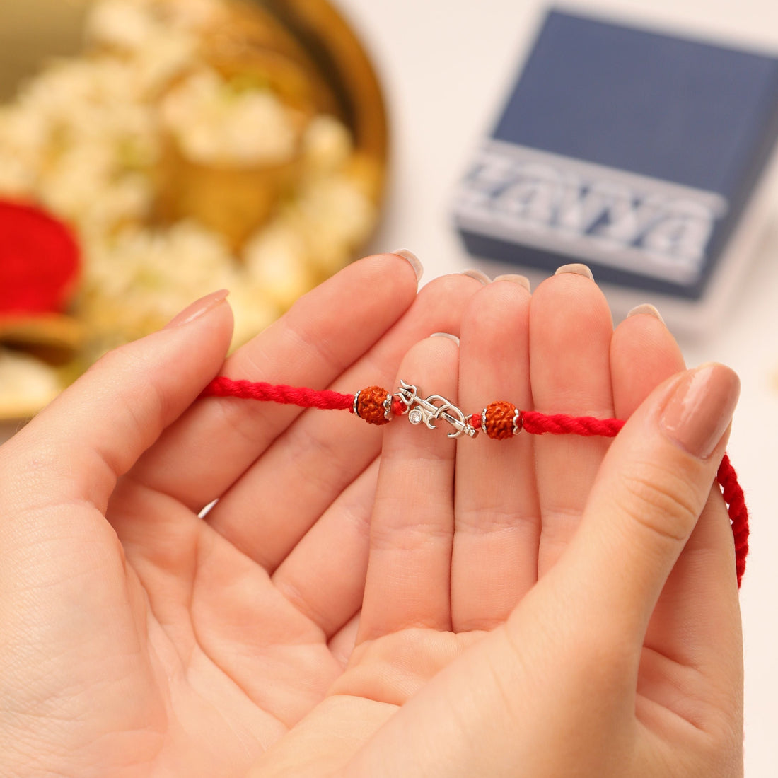 Om Trishul Rhodium Plated Rudraksha Beads Silver Rakhi