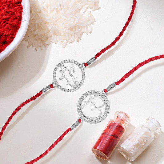 Divine Om With Cubic Zirconia Rhodium-Plated Sterling Silver Thread Rakhi Combo