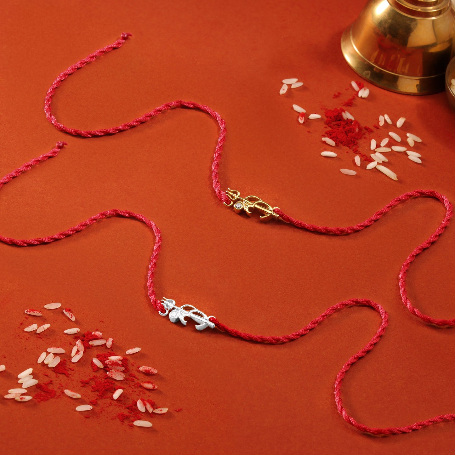 Divine Om & Trishul Charm Rakhi CZ Sterling Silver Thread Rakhi Combo