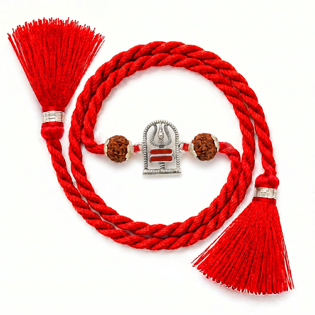 Divine Trishul & Rudraksha Oxidized Red Enamel Silver Rakhi (ALVINA Signature)