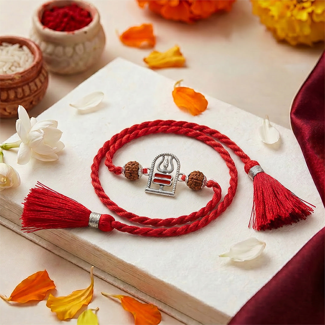 Divine Trishul & Rudraksha Oxidized Red Enamel Silver Rakhi (ALVINA Signature)