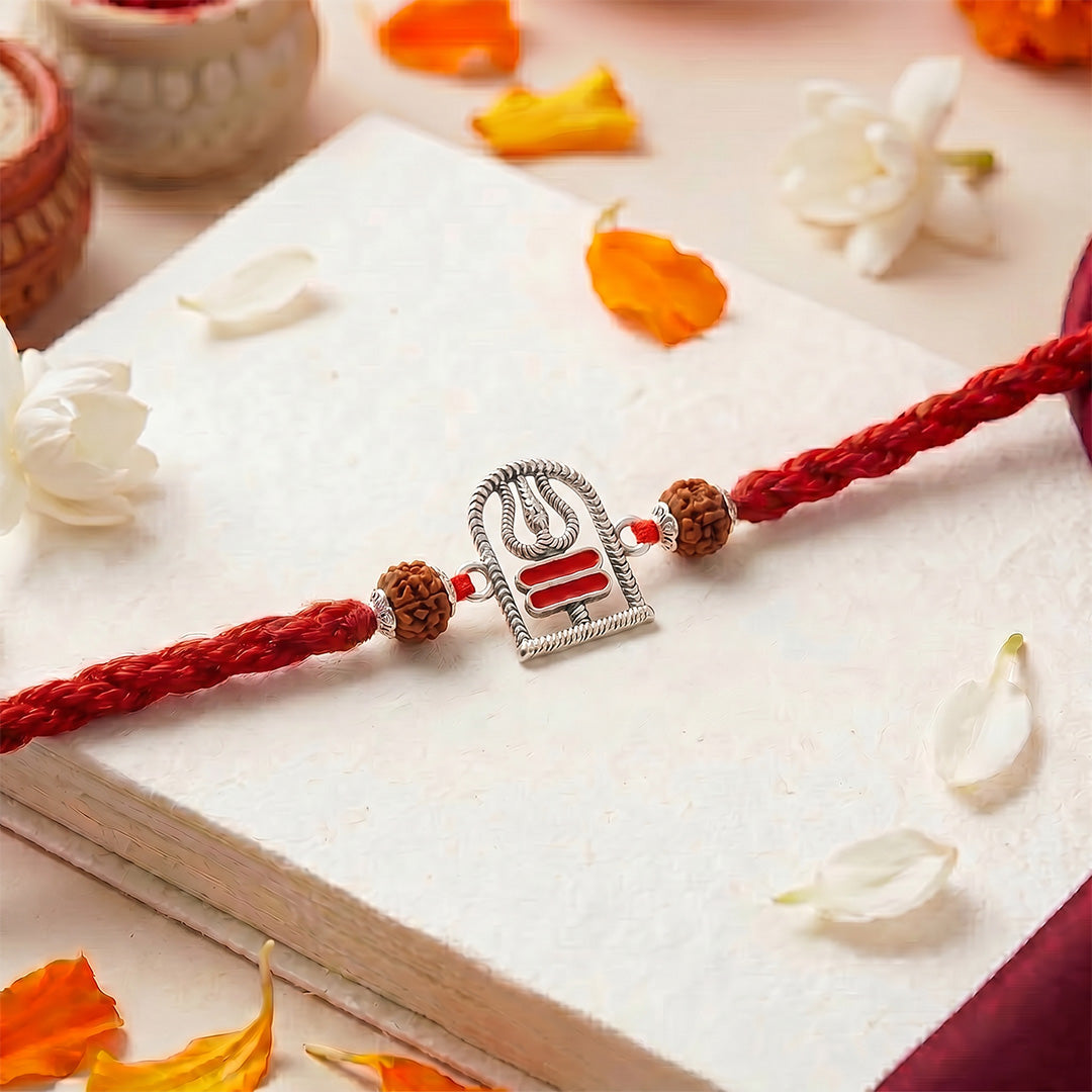 Divine Trishul & Rudraksha Oxidized Red Enamel Silver Rakhi (ALVINA Signature)
