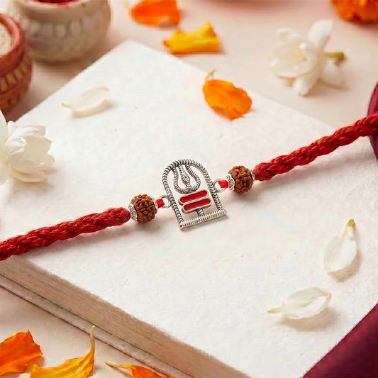 Divine Trishul & Rudraksha Oxidized Red Enamel Silver Rakhi (ALVINA Signature)