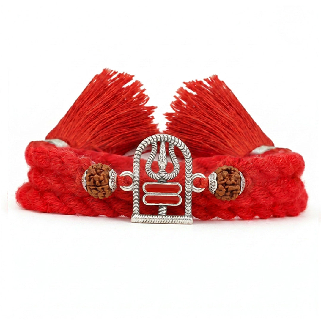 Divine Trishul & Rudraksha Oxidized Red Enamel Silver Rakhi (ALVINA Signature)