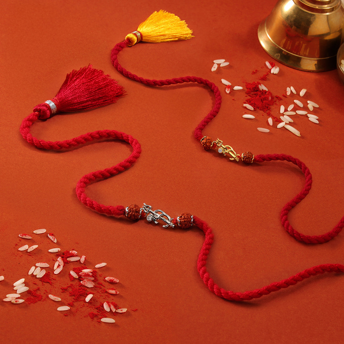 Om Trishul Charm Rhodium & Gold-Plated 925 Sterling Silver Rakhi with Rudraksha Beads Combo for Him