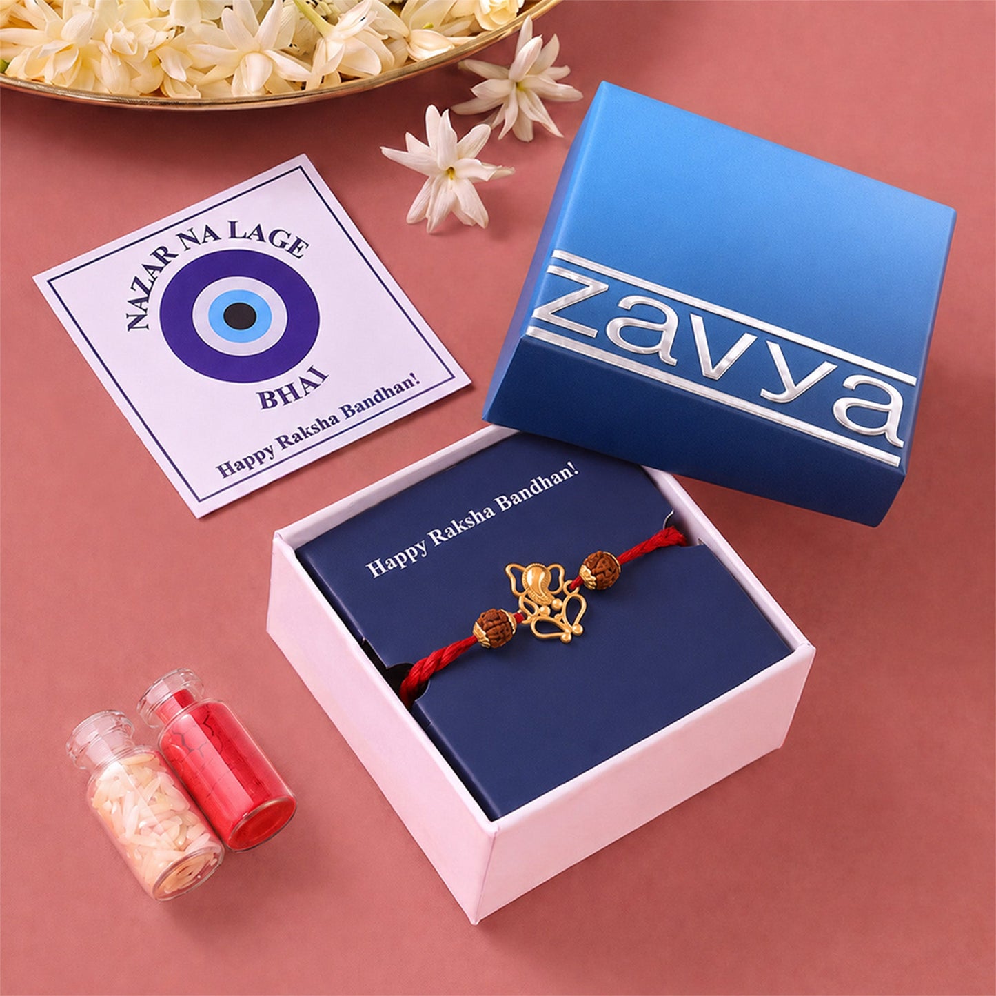 Divine Ganesha & Rudraksha Gold-Plated Silver Rakhi (ALVINA Signature)