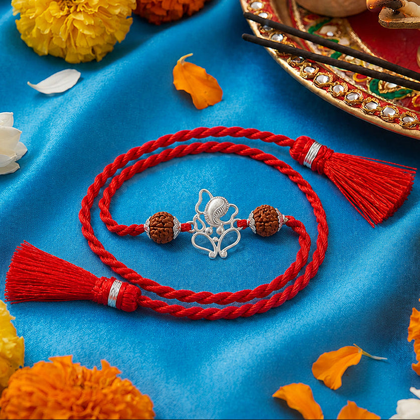 Ganesha Rhodium Plated Rudraksh Silver Rakhi (ALVINA Signature)