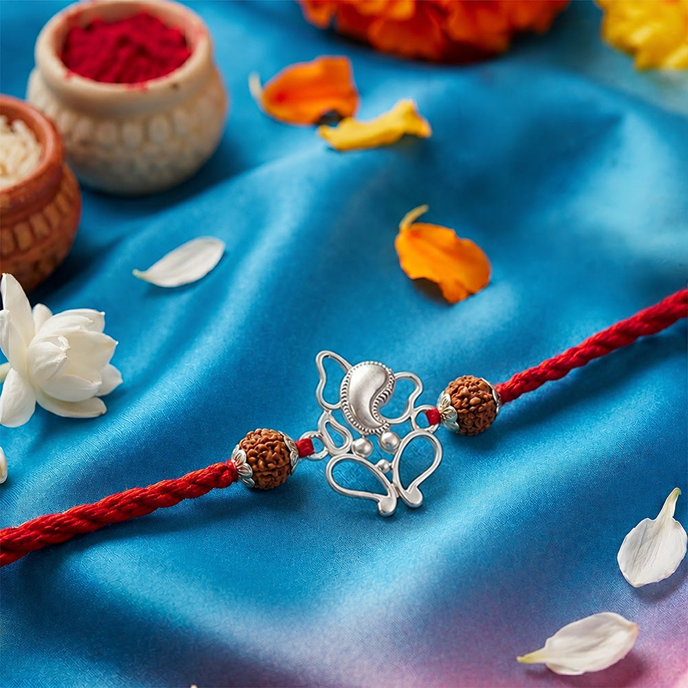 Ganesha Rhodium Plated Rudraksh Silver Rakhi (ALVINA Signature)