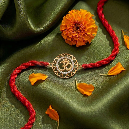 OM Floral CZ Gold Plated Silver Rakhi (ALVINA Signature)