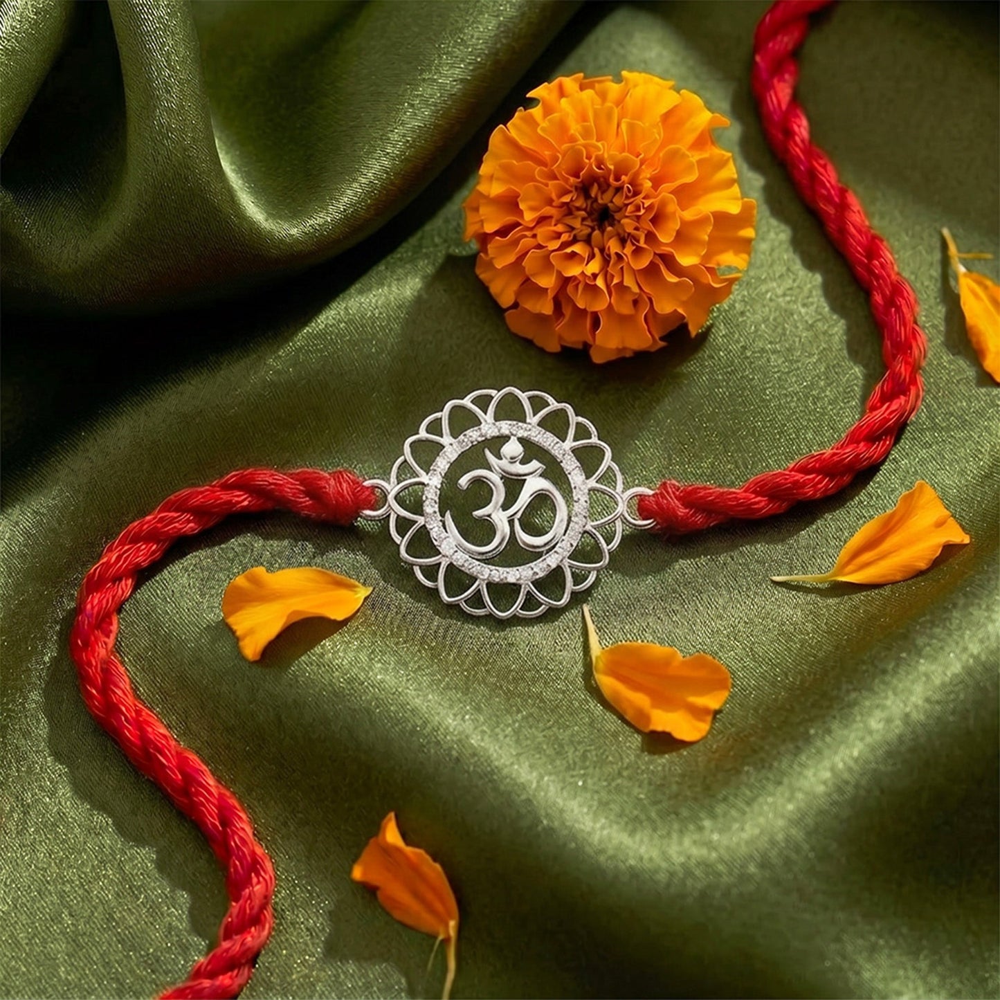 Radiant Om CZ Floral Silver Rakhi (ALVINA Signature)