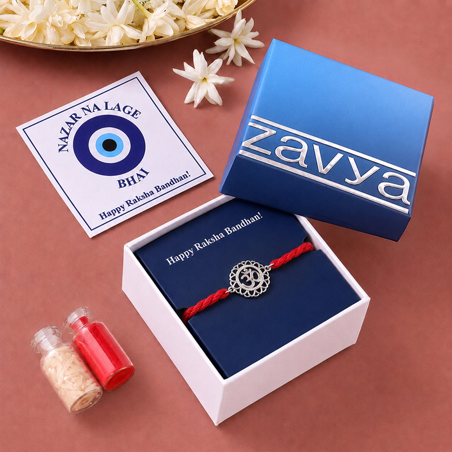 Radiant Om CZ Floral Silver Rakhi (ALVINA Signature)