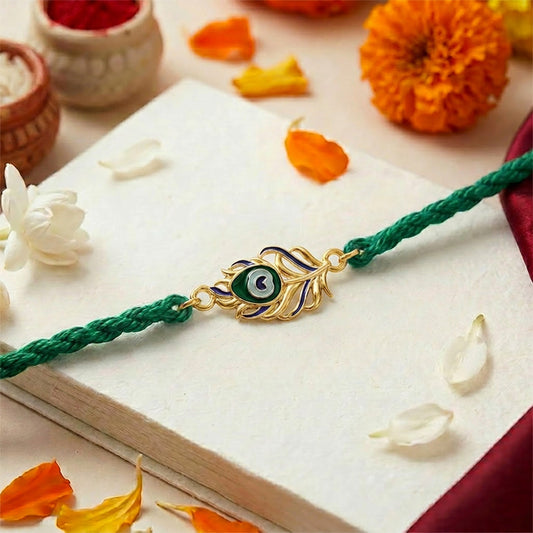Peacock Feather Rhodium Plated Silver Rakhi (ALVINA Signature)