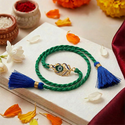 Peacock Feather Rhodium Plated Silver Rakhi (ALVINA Signature)