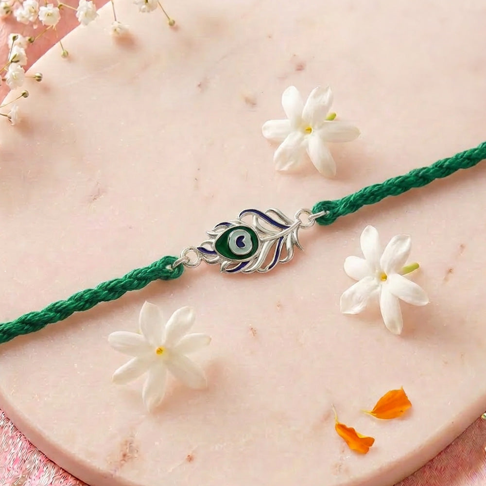 Peacock Feather Rhodium Plated Silver Rakhi (ALVINA Signature)