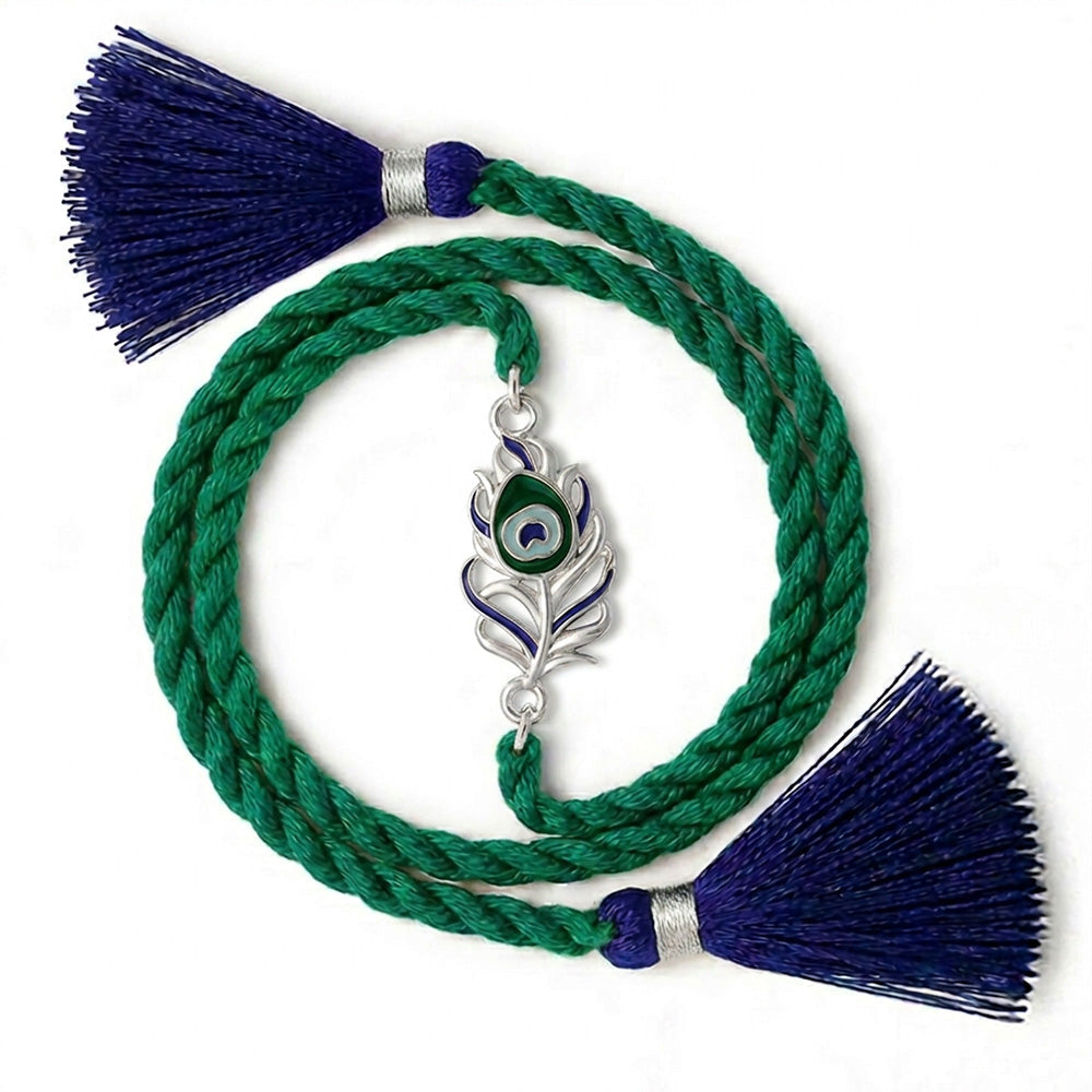 Peacock Feather Rhodium Plated Silver Rakhi (ALVINA Signature)