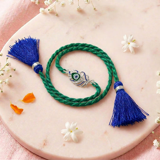 Peacock Feather Rhodium Plated Silver Rakhi (ALVINA Signature)