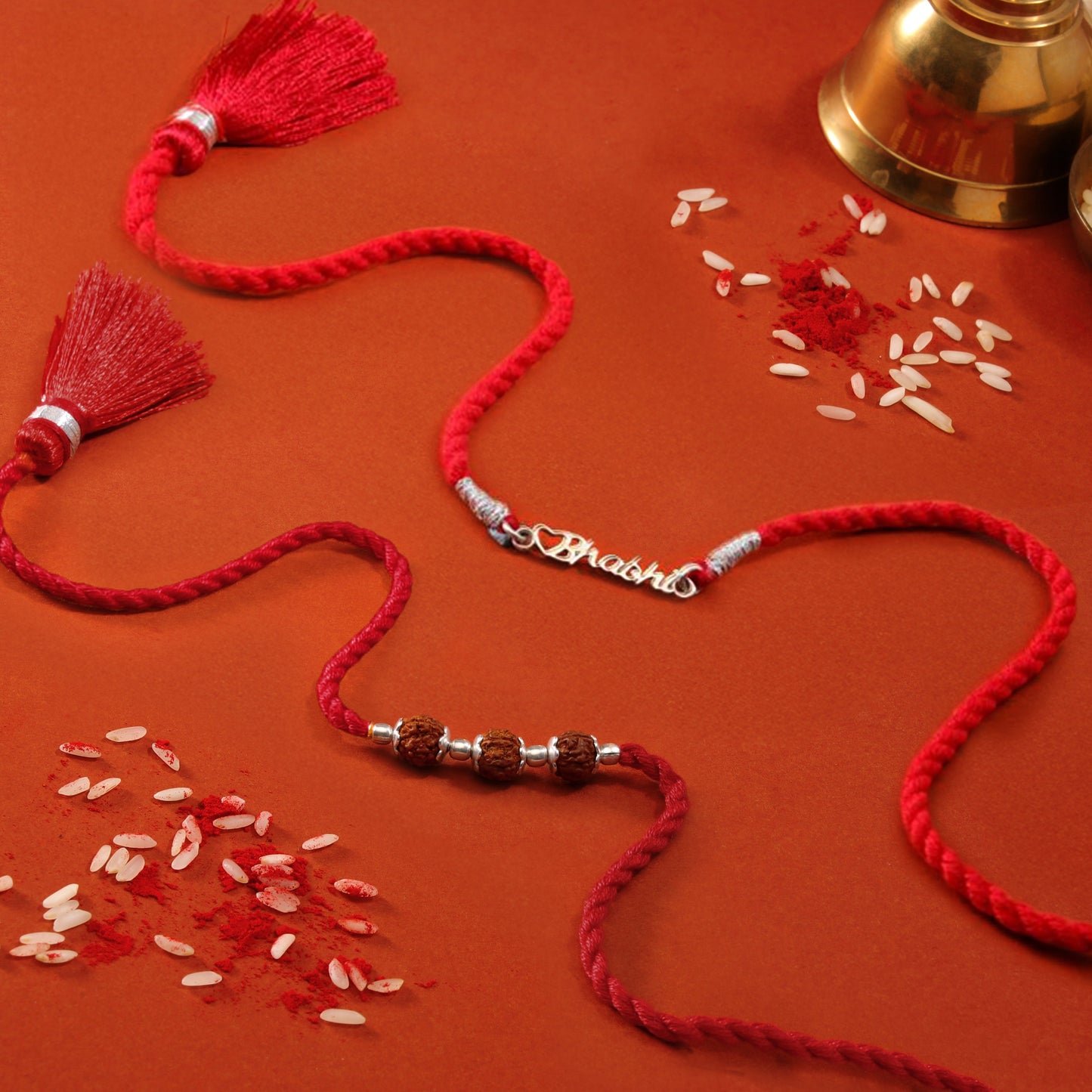 Elegant Heart & Divine Rudraksha Rhodium-Plated 925 Silver Bhai-Bhabhi Rakhi Combo