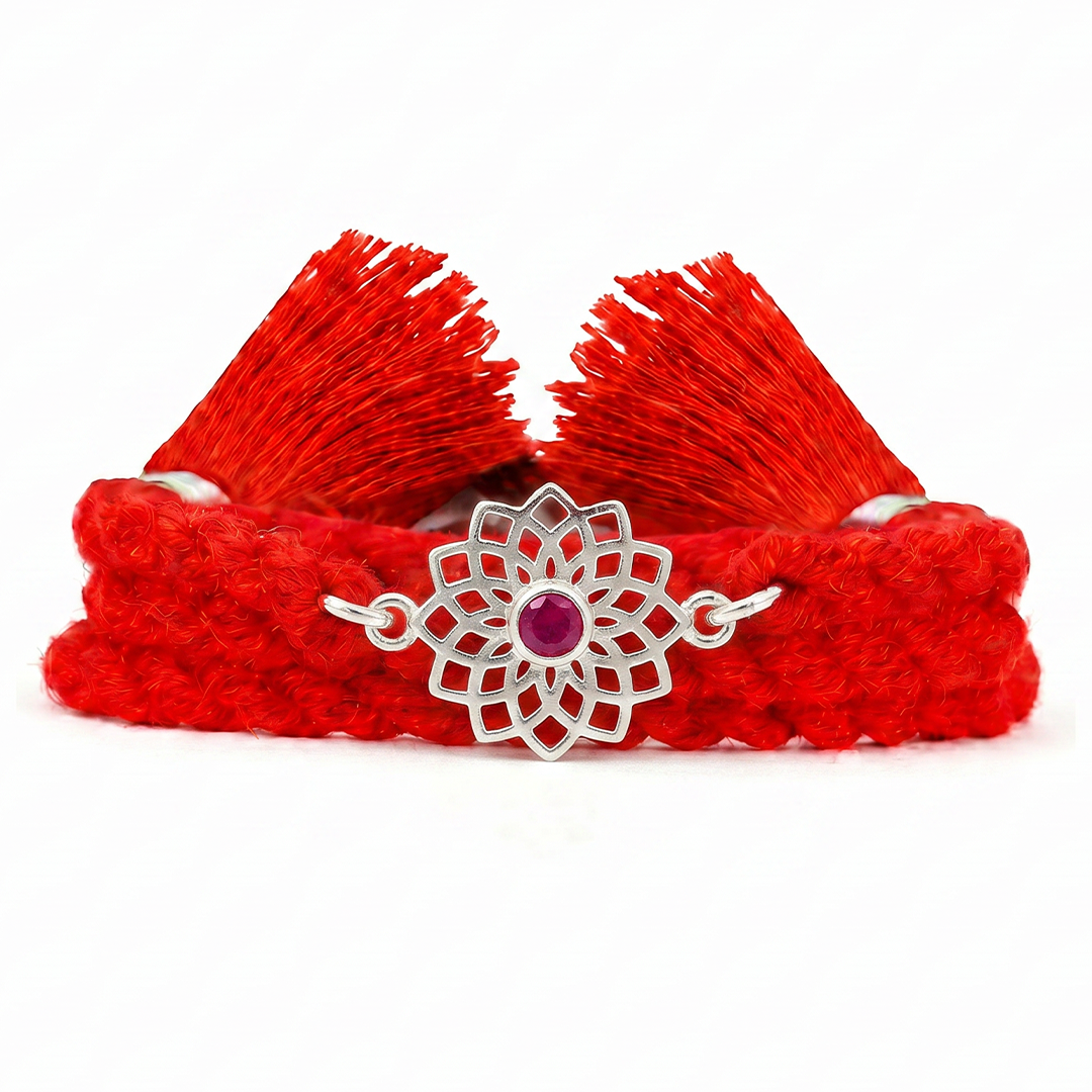 Radiant Lotus Mandala CZ Rhodium Plated Silver Rakhi (ALVINA Signature)