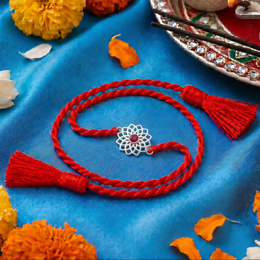 Radiant Lotus Mandala CZ Rhodium Plated Silver Rakhi (ALVINA Signature)