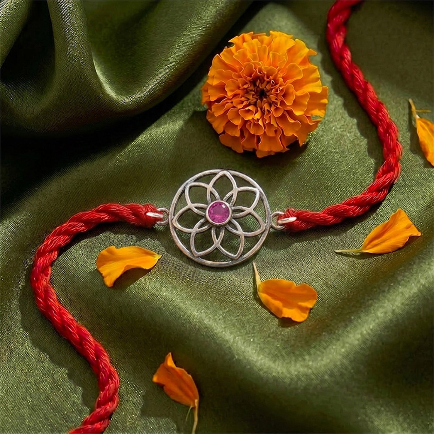 Crimson Lotus Silver Rakhi (ALVINA Signature)