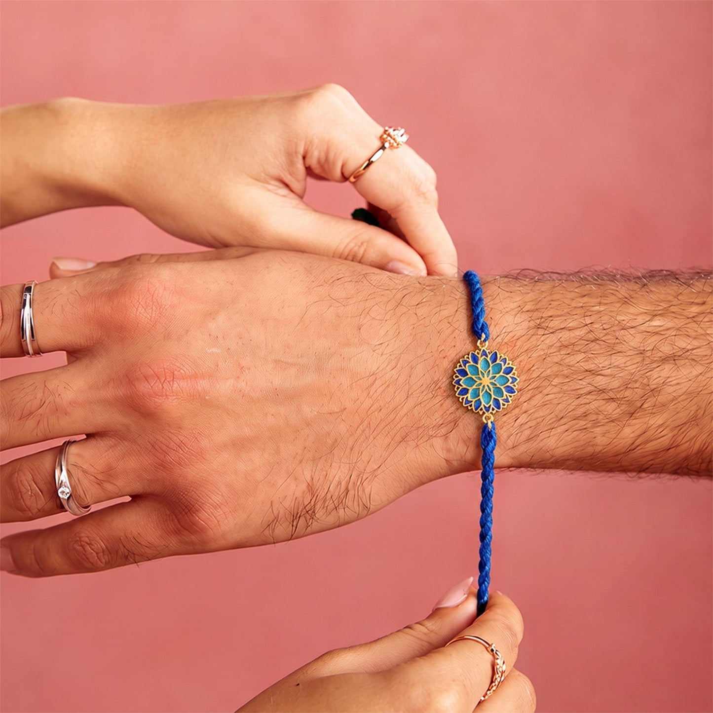 Blue Lotus Mandala Gold Plated Silver Enamel Rakhi (ALVINA Signature)