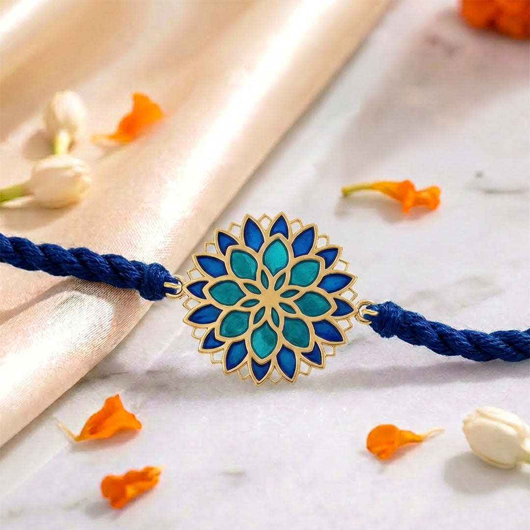 Blue Lotus Mandala Gold Plated Silver Enamel Rakhi (ALVINA Signature)