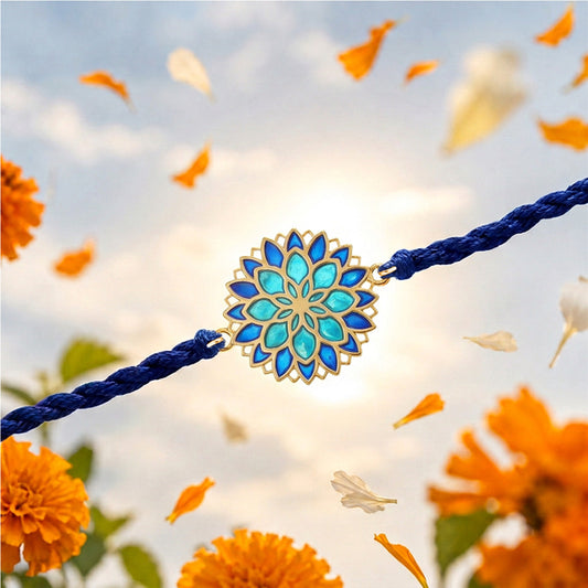 Blue Lotus Mandala Gold Plated Silver Enamel Rakhi (ALVINA Signature)