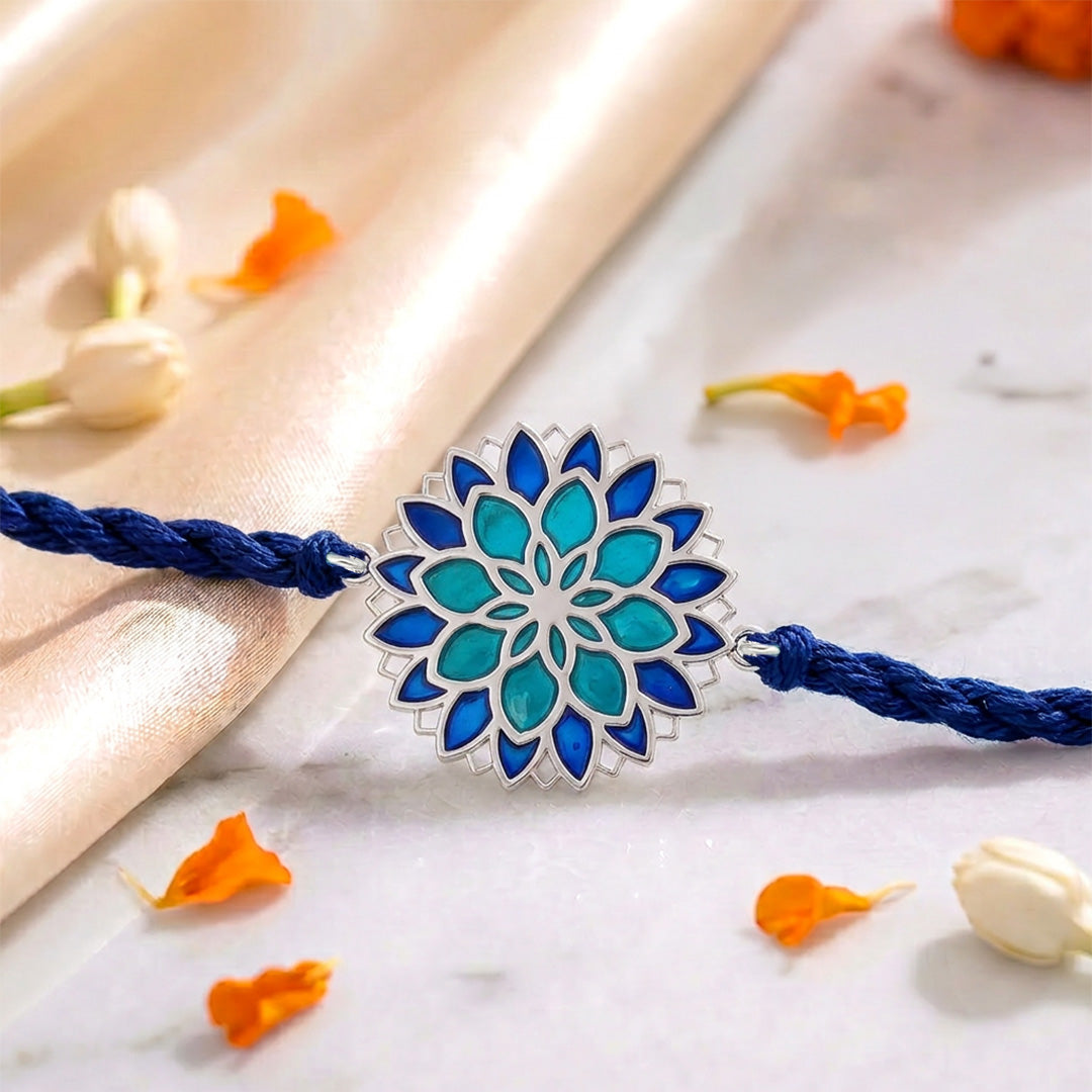Blue Lotus Mandala Rhodium Plated 925 Silver Enamel Rakhi (ALVINA Signature)
