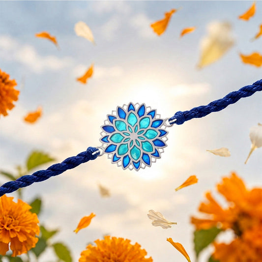 Blue Lotus Mandala Rhodium Plated 925 Silver Enamel Rakhi (ALVINA Signature)