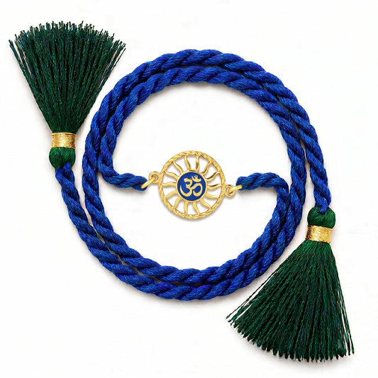 Divine Om Chakra Gold Plated Blue Enamel Silver Rakhi (ALVINA Signature)