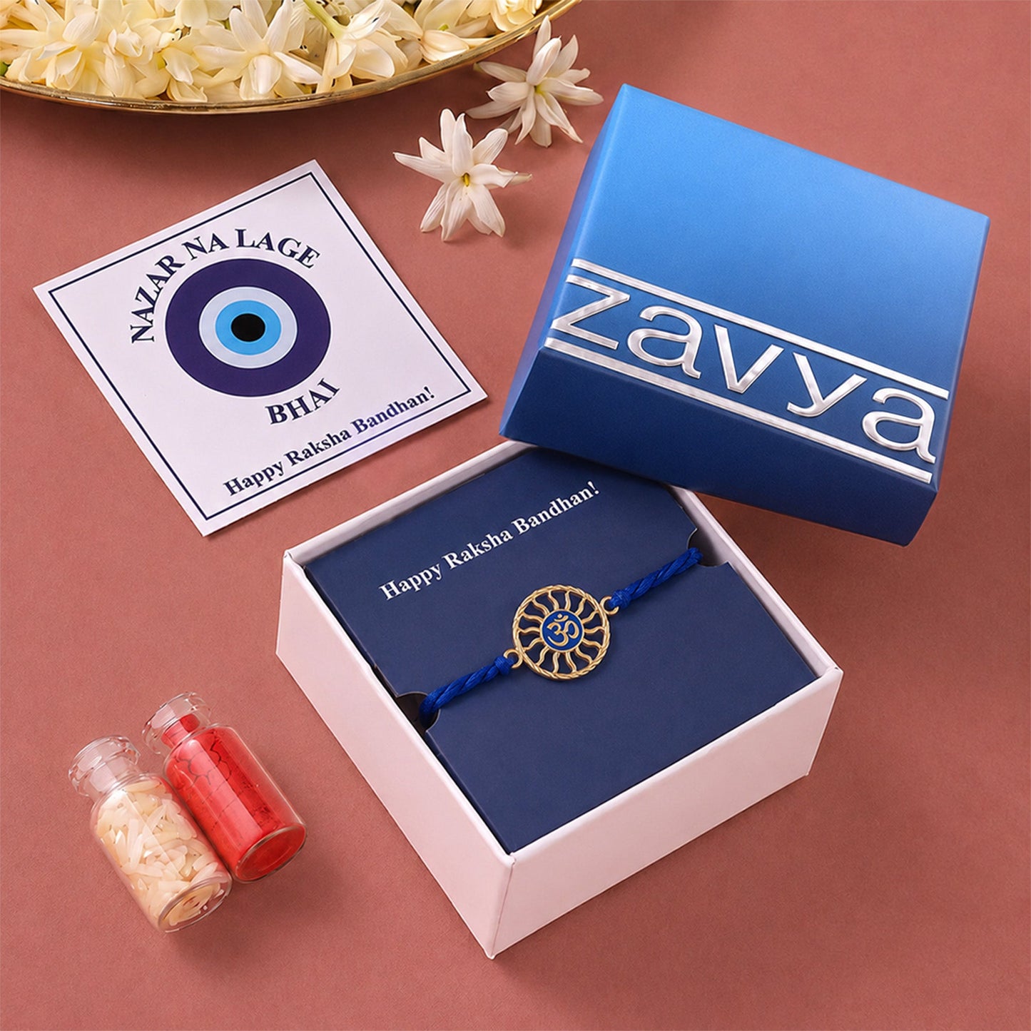 Divine Om Chakra Gold Plated Blue Enamel Silver Rakhi (ALVINA Signature)