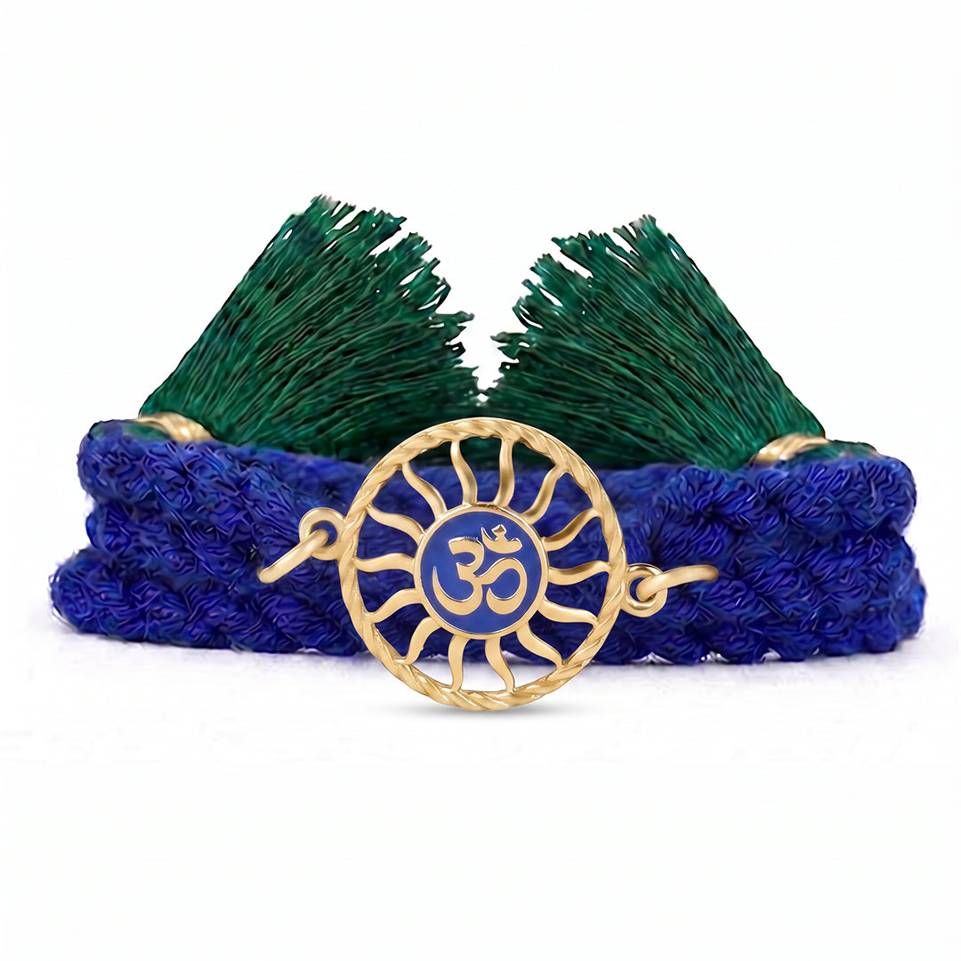 Divine Om Chakra Gold Plated Blue Enamel Silver Rakhi (ALVINA Signature)