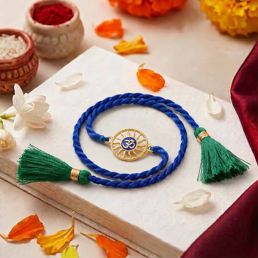 Divine Om Chakra Gold Plated Blue Enamel Silver Rakhi (ALVINA Signature)