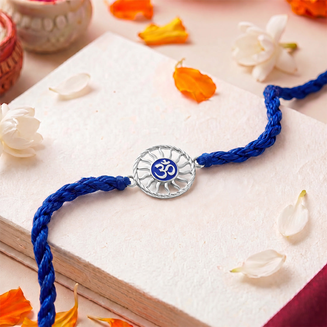 Divine Om Chakra Blue Enamel Silver Rakhi (ALVINA Signature)