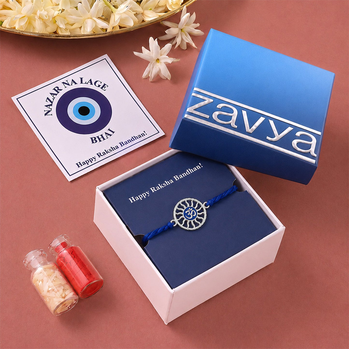 Divine Om Chakra Blue Enamel Silver Rakhi (ALVINA Signature)