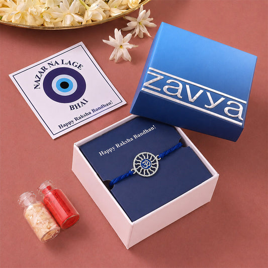 Divine Om Chakra Blue Enamel Silver Rakhi (ALVINA Signature)