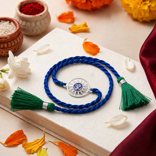 Divine Om Chakra Blue Enamel Silver Rakhi (ALVINA Signature)