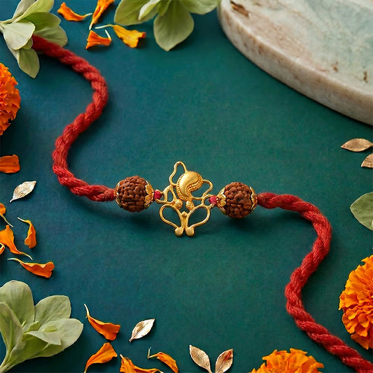 Divine Ganesha & Rudraksha Gold-Plated Silver Rakhi (ALVINA Signature)