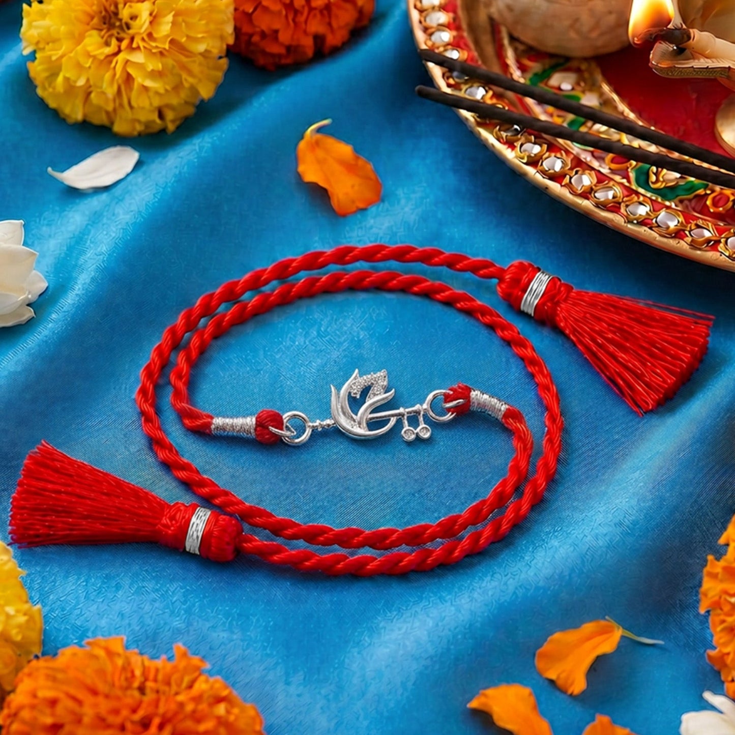 Sacred Ganesha CZ Rhodium Plated 925 Silver Rakhi (ALVINA Signature)