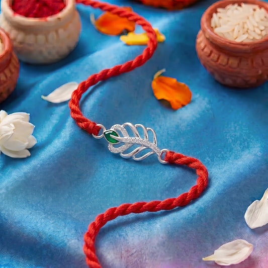 Divine Peacock Feather Rhodium Plated Silver Rakhi (ALVINA Signature)