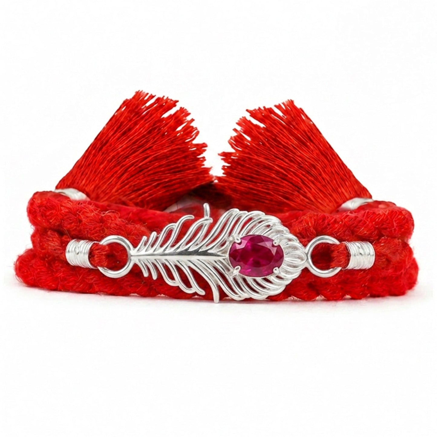 Radiant Feather Pink Stone CZ Silver Rakhi (ALVINA Signature)