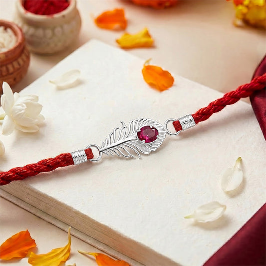 Radiant Feather Pink Stone CZ Silver Rakhi (ALVINA Signature)