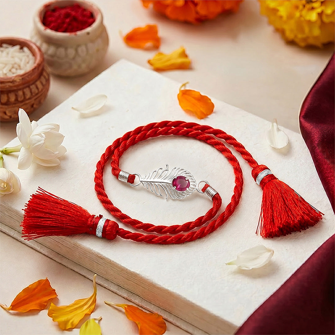 Radiant Feather Pink Stone CZ Silver Rakhi (ALVINA Signature)