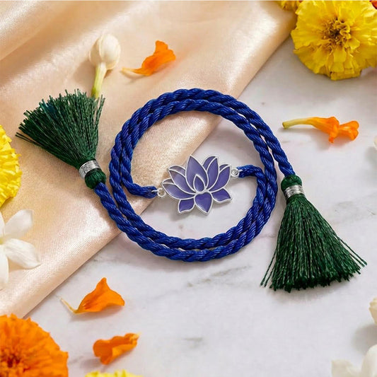 Lotus Bloom Enamel Rhodium Plated Silver Rakhi (ALVINA Signature)