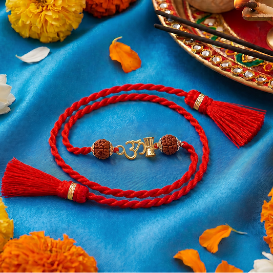 Divine Om Damru Rudraksha Gold Plated 925 Silver Rakhi