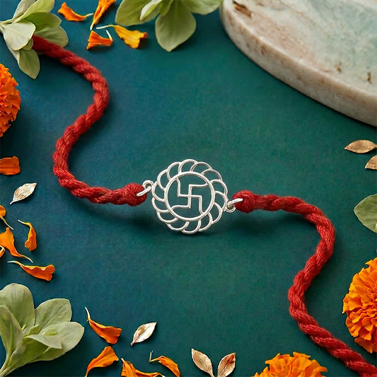 Sacred Swastika Rhodium Plated 925 Silver Rakhi