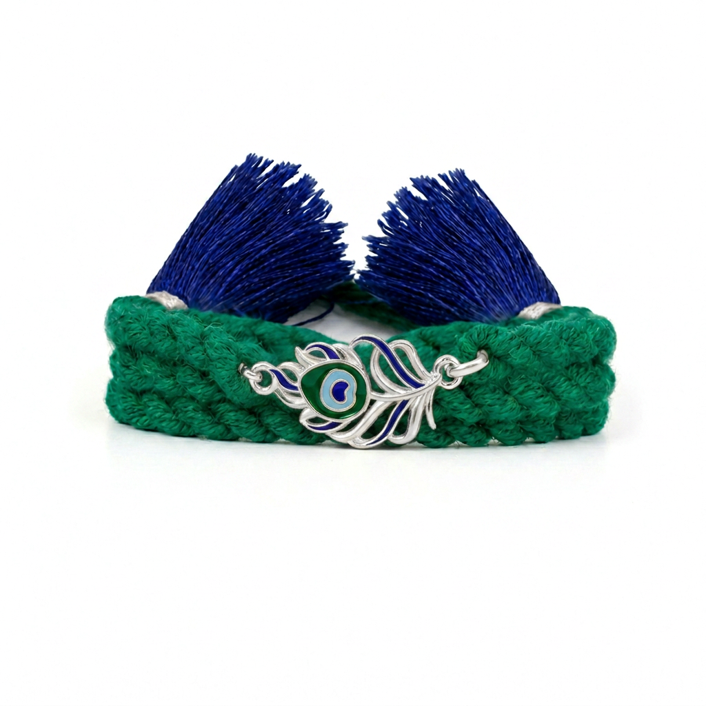 Peacock Feather Rhodium Plated Silver Rakhi (ALVINA Signature)