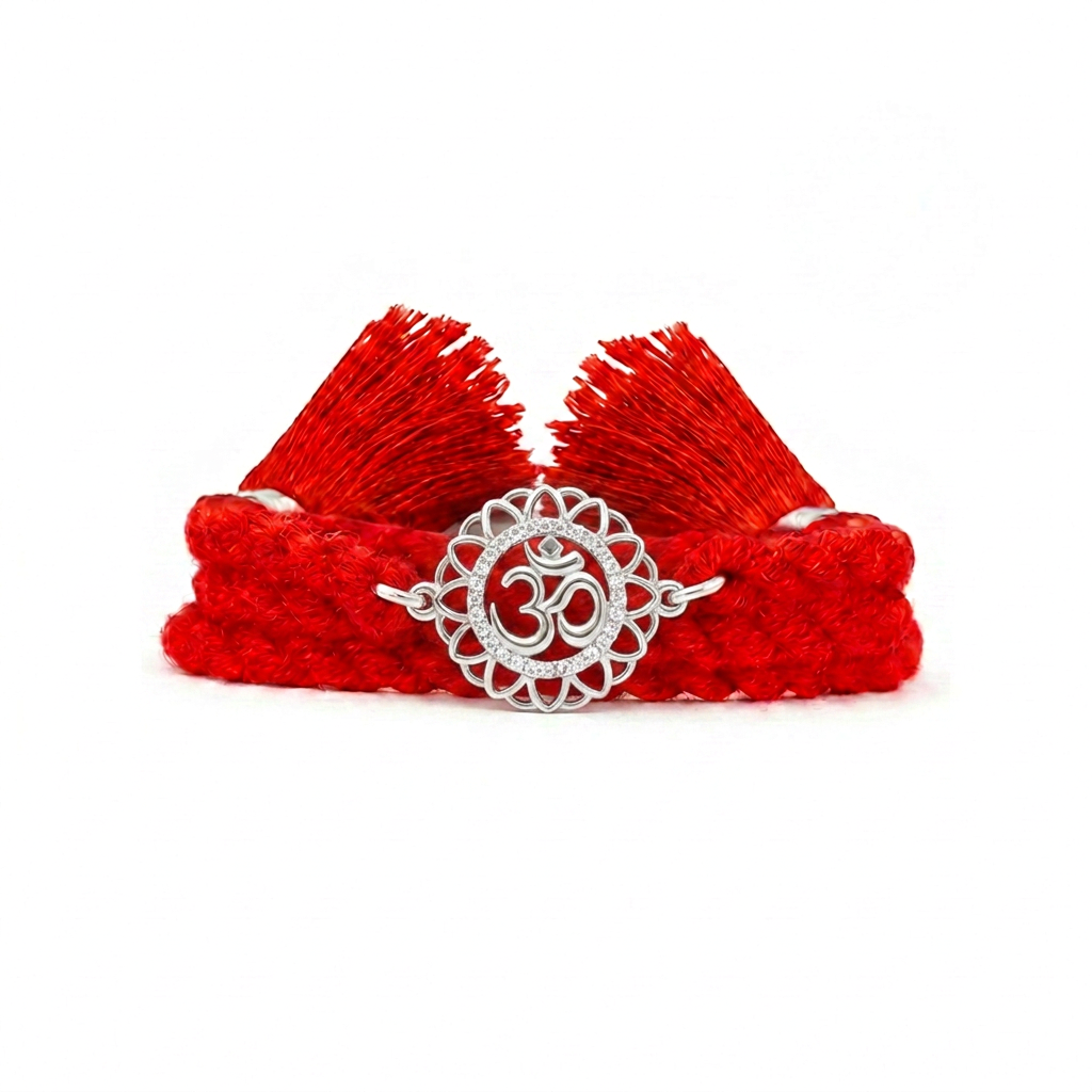 Radiant Om CZ Floral Silver Rakhi (ALVINA Signature)
